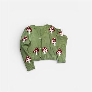 NWOT Lightweight Button Cardigan Green with Mushroom Print